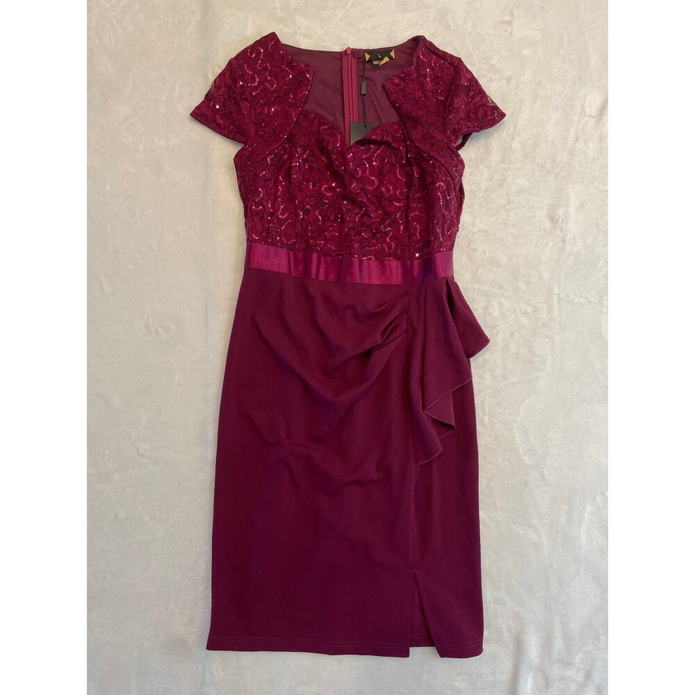 NWT MIUSOL Sequin Party Cocktail Midi Dress L Sweetheart Neck Cap Sleeve Maroon - Picture 4 of 13